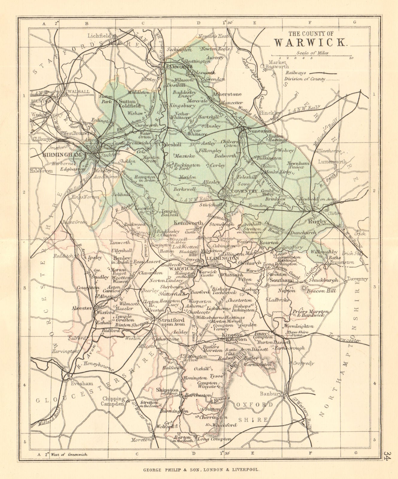 WARWICKSHIRE. Antique county map. Railways. Constituencies. PHILIP 1884
